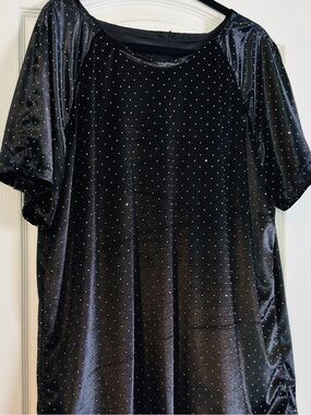 Black Velour Embellished Tunic Top Oversized Soft Stretch Sparkle Party Blouse